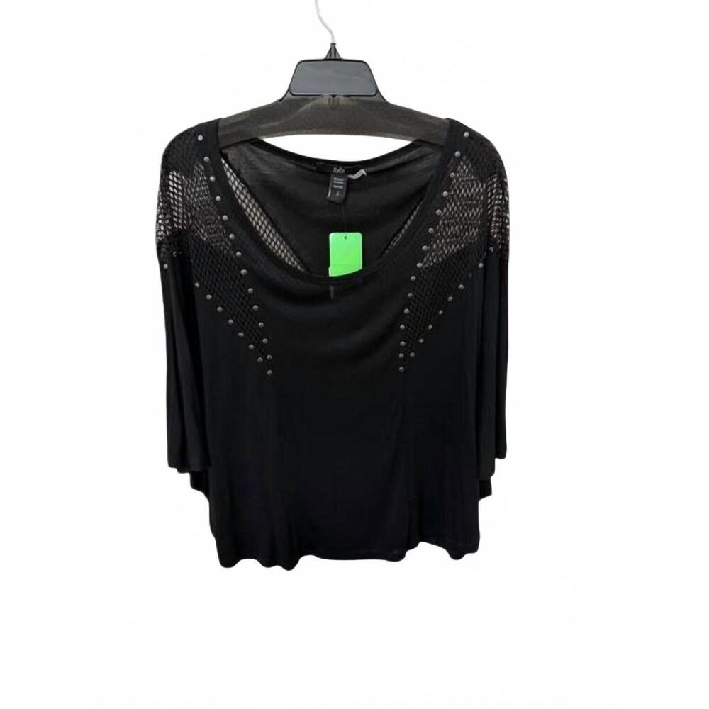 NEW RAIN + ROSE women oversized flutter sleeve fishnet studded blouse in black